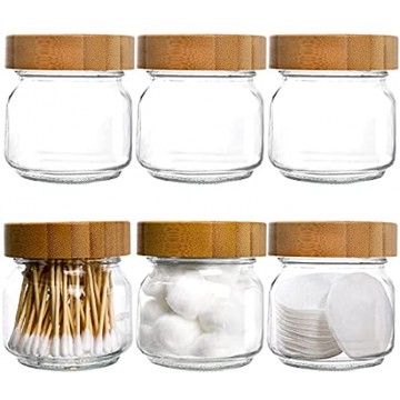 Suwimut 6 Pack Apothecary Jars with Lids 8 oz Glass Qtip Holder Mason Jar Bathroom Accessory Set Vanity Storage Organizer Canister Jar with Bamboo Wood Lid for Cotton Ball Swab Q-Tips Bath Salts