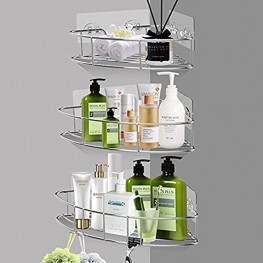 AXTEE Shower Caddy Shelf with Hooks: Shower Organizer Storage -Wall Mounted Bathroom Shelf- Rustproof Stainless Steel Bathroom Accessories No Drilling for Bathroom Kitchen- 3 Pack