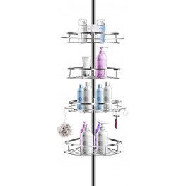Rosefray Shower Caddy Tension Pole  304 Stainless Steel Corner Shower Shelf with 4 Big Adjustable Baskets Adjustable Height from 3.7 to 9ft