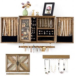 Ikkle Wooden Jewelry Organizer Wall Mounted Rustic Jewelry Holder with Wooden Barn Door for Necklaces Earrings Bracelets Ring and Removable Bracelet Rod with Hooks Organizer for Hanging Jewelry