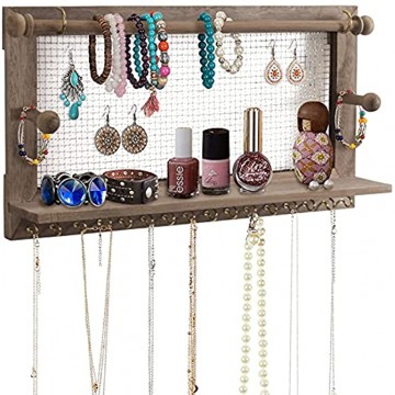 Jewelry Organizer BEIUTAO Jewelry Organizer Wall Mount Rustic Mesh Earring Holder Wooden Hanging Jewelry Organizer With Bracelet Rod And 16 Hooks For Hanging Necklaces Earrings Bracelets ect.