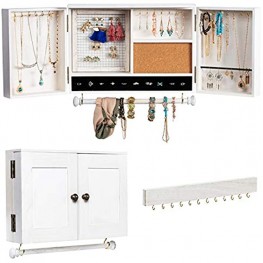 Jewelry Organizer Wall Mounted with Wooden Barn Door Wall Mounted White Wood Hanging Jewelry Holder with Removable Bracelet Rod and Hook Organizer for Necklaces Earrings Bracelets Ring Holder