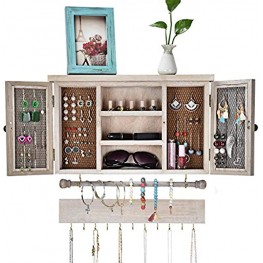 LUMAMU Hanging Jewelry Organizer,Wall Mounted Jewelry Holder Display for Necklaces,Earings,Bracelets,Ring Holder,Rustic Jewelry Storage with Removable Bracelet Rod,Hooks,Wooden Barndoor Decor