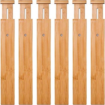 6 Pack Bamboo Drawer Dividers Spring Loaded Adjustable Drawer Separators 2.1" High 17.52"-21.65" Perfect Expandable Wooden Drawer Dividers for Kitchen Bathroom Bedroom Dresser & Office