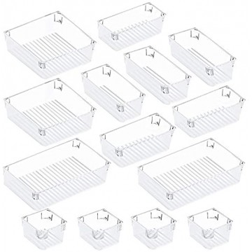 Puroma 14-pcs Desk Drawer Organizer Trays 4 Different Sizes Large Capacity Plastic Bins Kitchen Drawer Organizers Bathroom Drawer Dividers for Makeup Kitchen Utensils Jewelries and Gadgets Clear