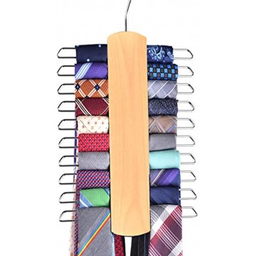 Umo Lorenzo Premium Wooden Necktie and Belt Hanger Walnut Wood Center Organizer and Storage Rack with a Non-Slip Finish 20 Hooks