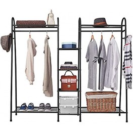 Estoder Clothing Garment Rack Metal Clothes Rack with Shelves Wire Shelving Closet Wardrobe Rack with Double Hanger Rods and Coat Hooks for Indoor Bedroom Free Standing & Large Capacity Matte Black