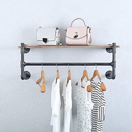 Industrial Pipe Clothing Rack Wall Mounted with Real Wood Shelf,Pipe Shelving Floating Shelves Wall Shelf,Rustic Retail Garment Rack Display Rack Cloths Rack,36in Steam Punk Commercial Clothes Racks