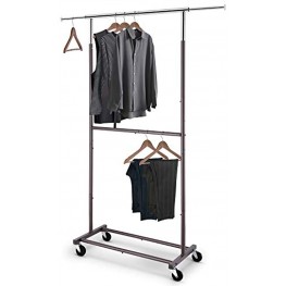 Simple Trending Double Rod Clothing Garment Rack Rolling Clothes Organizer on Wheels for Hanging Clothes,Bronze