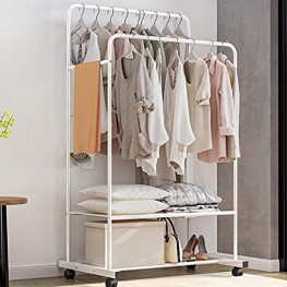 Untyo Clothes Rack with Wheels Double Rails Clothing Rack Rolling Rack for Indoor Bedroom Clothes Rack Max Load 110LBS White Shelf on Wheels