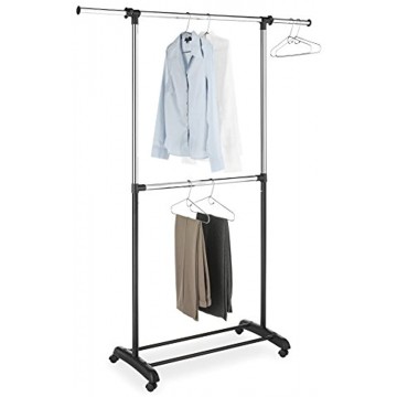 Whitmor Adjustable 2-Rod Garment Rack Rolling Clothes Organizer Black and Chrome