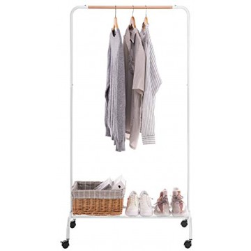 YOUDENOVA Clothes Rack with Shelves Rolling Clothing Rack on Wheels Small Hanging Garment Rack White