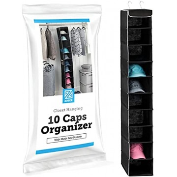 10-Shelf Hat Organizer For Baseball Caps Side Pockets For Accessories Hanging Shelf Hat Rack for Hat Storage Etc. Easy Assembly Hanging Cap Organizer No-Tools Required Keeps Hats Caps Protected
