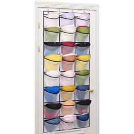 AOODA Hat Racks for Baseball Caps Organizer Over The Door Hat Storage with 24 Clear Deep Elastic Mesh Pockets Cap Holder Hanger for Closet White