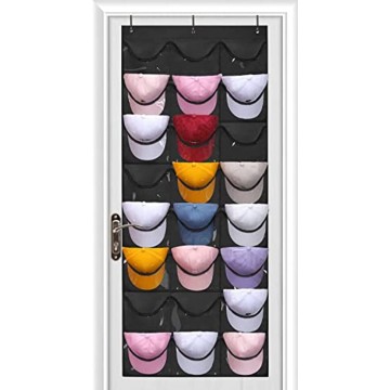 Melpler Hat Rack Hat Organizer 24 Clear Deep Pockets Hat Rack for Wall to Store and Display Baseball Caps Over The Door Hat Storage Complete with Over Door Hooks Black