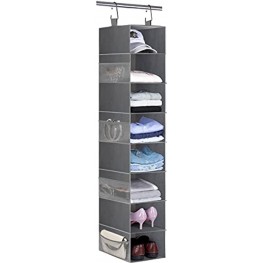 KEETDY 8-Shelf Hanging Closet Organizer with Large Shelf Closet Organizers and Storage and 8 Side Mesh Pockets Hanging Shoe Rack Hat Holder for Clothes Caps Shoes Handbags Grey