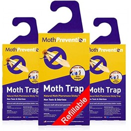 MothPrevention Powerful Moth Traps for Clothes Closets Moths | Refillable Clothes Moth Trap | 3-Pack | Odor-Free & Natural Closet Clothing Moth Traps | Moth Pheromone Traps for House