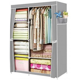 FUNFLOWERS Portable Wardrobe Storage Closet Clothes Organizer with Oxford Cloth Fabric Storage Shelves + Hanging Sections + Side Pockets Durable & Easy to Assemble 42 L x 18 W x 67 H Grey
