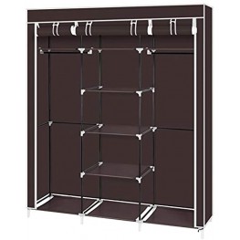 Portable Clothes Closet Wardrobe Storage Organizer with Non-Woven Fabric with 9 Storage Shelves 2 Hanging Sections,Quick and Easy to Assemble Extra Strong and Durable Brown