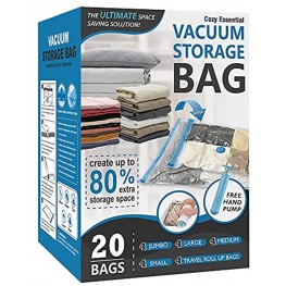 20 Pack Vacuum Storage Bags Space Saver Bags 4 Jumbo 4 Large 4 Medium 4 Small 4 Roll Compression Storage Bags for Comforters and Blankets Vacuum Sealer Bags for Clothes Storage Hand Pump Included