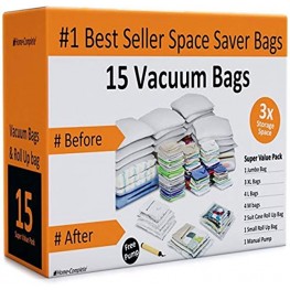 Home-Complete Vacuum Storage Bags- 15 Multi Size Space Saving Air Tight Compression Organizers for Closet Clutter Clothes Linens- Pump Included