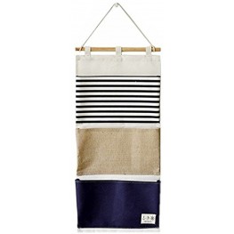 Linen Cotton Fabric Wall Door Hanging Organizer Hanging Storage Bag Case 3 Pockets Navy Blue