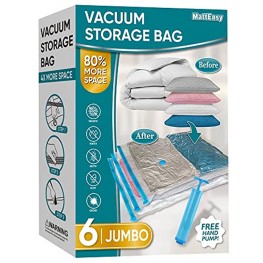 MattEasy Space Saver Vacuum Storage Bags 6 Pack Jumbo Space Saver Bags with Pump Storage Vacuum Sealed Bags for Clothes Comforters Blankets Bedding Jumbo