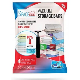 Spacemore Vacuum Storage Compression Seal Bags for Clothes Bedding Blanket Comforter with Hand-Pump for Travel 4 Jumbo 40” X 30” Clear