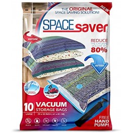 Spacesaver Premium Vacuum Storage Bags. 80% More Storage! Hand-Pump for Travel! Double-Zip Seal and Triple Seal Turbo-Valve for Max Space Saving! Large 10 Pack