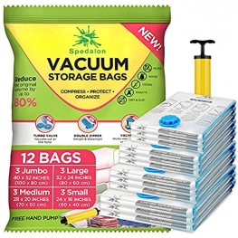 Spedalon Vacuum Storage Bags for Clothes Blanket Bedding Pillow Mattress Quilt Comforters 12 Pack 3x Jumbo Large Medium & Small Sealer Space Saver Bags with Hand Pump for Travel Packing