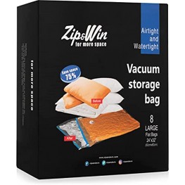 Zip&Win Vacuum Storage Bags 24''x32'' Large Size Pack of 8 pieces Space Saver Bags for Seasonal Clothes Duvets Pillows Blankets Airtight and Waterproof