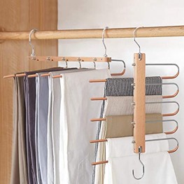 Magic Pants Hangers Space Saving Closet Hangers 5 Layers 2 Uses Multi Functional Pants Rack | Solid Metal & Wood Heavy Duty Wardrobe Organizer Racks for Clothes Trousers Scarves TiesOne Pack