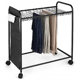 Pants Hanger Rolling Trouser Trolley Closet Organizer with 20 Hangers and Side Bag for Dress Jeans Skirts Metal Black