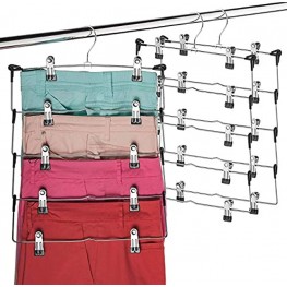 Space Saving 5 Tier Metal Skirt Hanger with Clips 6 Pack Hang 5-on-1 Gain 70% More Space Rubber Coated Hanger Clips 360 Swivel Hook Adjustable Clips Pants Hanger Hang Slack,Trouser,Jeans,Towels