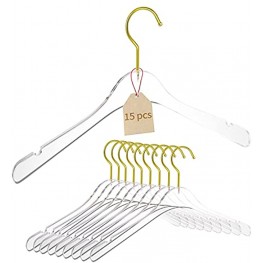 YEBIAO 15 Pack Acrylic Hangers Clear and Gold Hangers Premium Quality Clear Acrylic Clothes Hangers Clothing Standard Hangers
