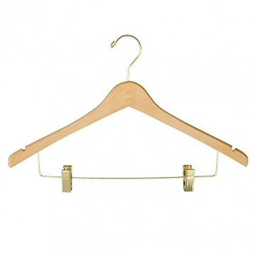 NAHANCO 17” Wooden Concave Suit Hanger with Locking Pant Bar Natural Gloss Finish Pack of 100