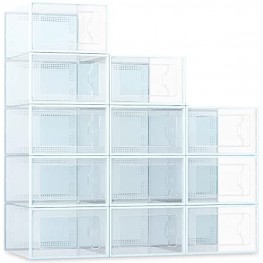 12 Pack Shoe Storage Box Clear Plastic Stackable Shoe Organizer for Closet Space Saving Foldable Shoe Containers Bins Holders Blue