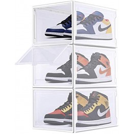 COAWG Shoe Box Pack of 3 Stackable Shoe Organizer with Clear Door for Sneakers Collection Plastic Shoe Storage Container for Size Up to US 14 White 3pcs）