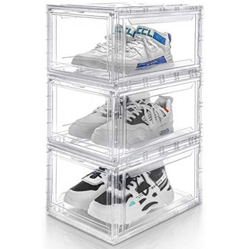 Homde Shoe Organizer Box 3 Pack Full Transparent Thickened Storage Bin for US Size 14 with Magnetic Closure