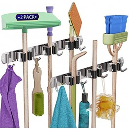 2 Pack Mop and Broom Holder Wall Mount Broom Organizer Wall Mounted Stainless Steel Storage Organizer Hooks Heavy Duty Tools Hanger for Home Kitchen Garden Garage Laundry 3 Racks 4 Hooks