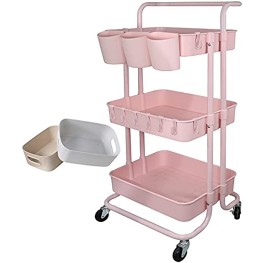 Freletry 3 Tier Utility Rolling Cart Storage Organizer Shelf Rack with 3PCS Hanging Cups + 8PCS Hooks + 2PCS Storage Box for Home Office Kitchen Bathroom Storage Pink 3 Cup+8 Hook+2 Storage Box