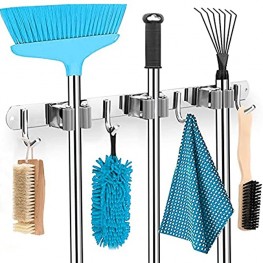 Mop and Broom Holder Wall Mount by AAB SUS 304 Stainless Steel Storage and Organization Garden Tool Organizer with 3 Racks 4 Hooks for Laundry Room Garage Closet Kitchen