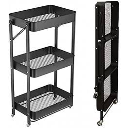 XIWODE 3 Tier Folding Metal Rolling Cart with Wheels,Black Mobile Organizer Service Cart for Kitchen Bathroom Office,No Assembly Need Trolley Shelf