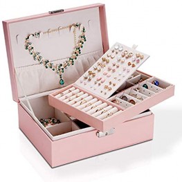 LAIHO Jewelry Organizer Box Jewelry Boxes for Women PU Leather Two Layer Jewelry Storage Holder with 74 Stud Hole and Lock Jewelry Holder for Earring Ring Necklace Gifts for Girls Ladies' Birthdays Valentine’s Pink
