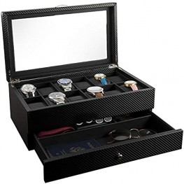 Mens Watch Box Case Organizer| Faux Leather Watches Jewelry Case| 12 Slots Watch Case storage with Valet Drawer for Sunglasses Rings Phone| Sleek Black Color Glass Top Carbon Fiber