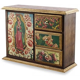NOVICA Decorative Christianity Decoupage Pinewood Chest Multicolor Beloved Guadalupe'