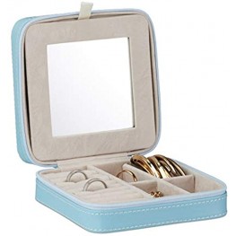 Relaxdays Light Blue Box with Mirror Faux Leather Jewellery Organiser Armoire with Zipper Velvet 4.8 x 13 x 13 cm
