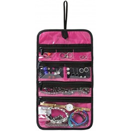BAGSMART Hanging Travel Jewelry Roll Bag with Zippered Compartments for Earrings & Necklaces & Ring Pink