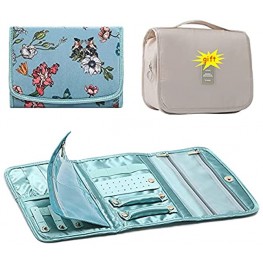 Travel Jewelry Organizer Jewelry Case Jewelry Storage Bag for Earrings Rings Necklace Bracelets Women Quilted Jewelry Box Organizer Girl Portable Jewelry Case come with a free Toiletry Bag Hanging make up organizer bag Turquoise with Flowers