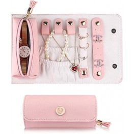 Travel Jewelry Organizer Roll Foldable Faux Leather Small Jewelry Case Jewelry Storage Bag for Necklaces Earrings Bracelets Rings Brooches and More Easy to Carry Pink